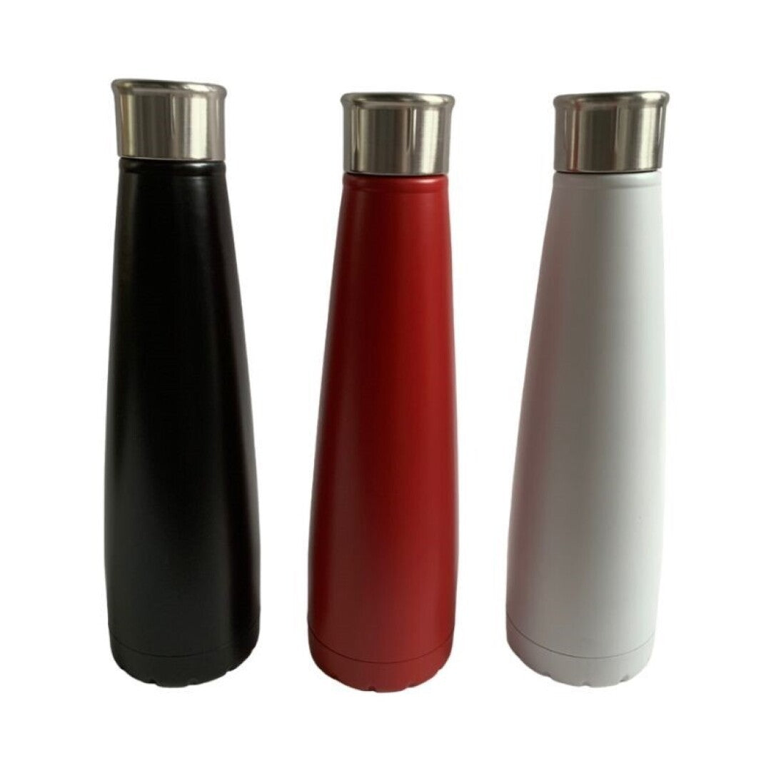 Gourde en inox D3xH23,5cm, 500ml, coloris assortis blc,rouge,noir