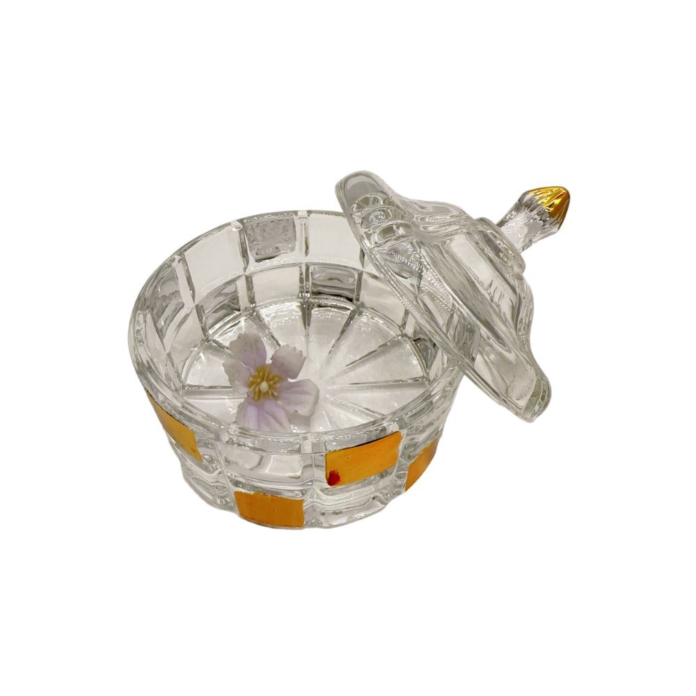 sucrier en verre transparent et dore, D10,3xH10,4 cm