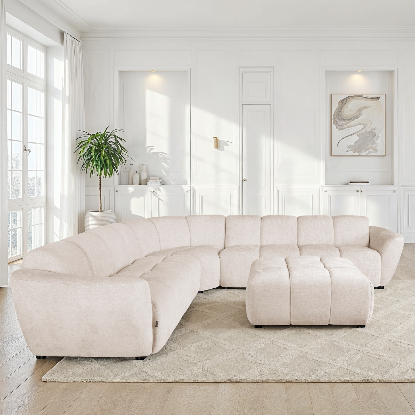 Canapé d'angle 7 places / pouf en tissu anti tache - LILO