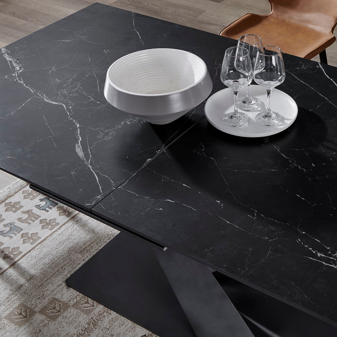 Table à manger extensible avec plateau en céramique noire 160/200x90xH76CM RUBY