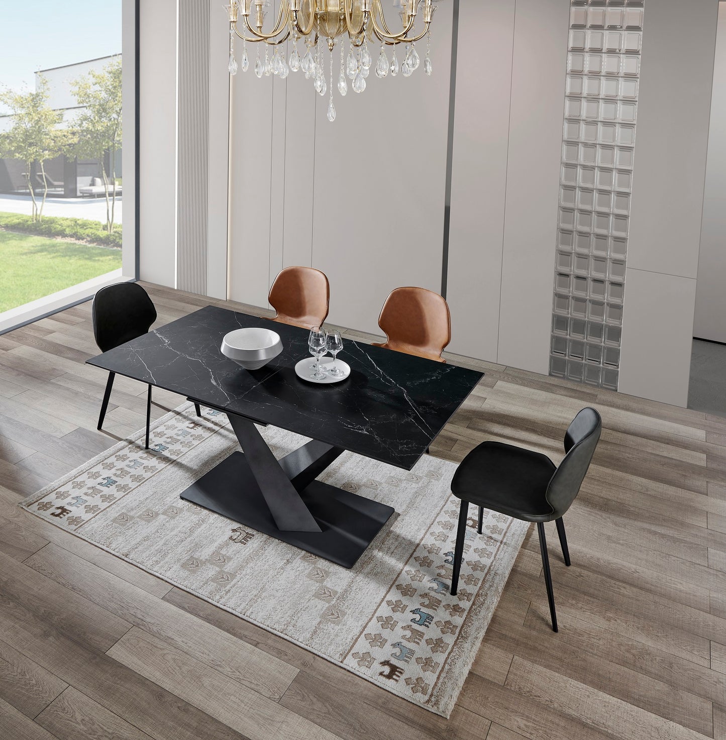 Table à manger extensible avec plateau en céramique noire 160/200x90xH76CM RUBY