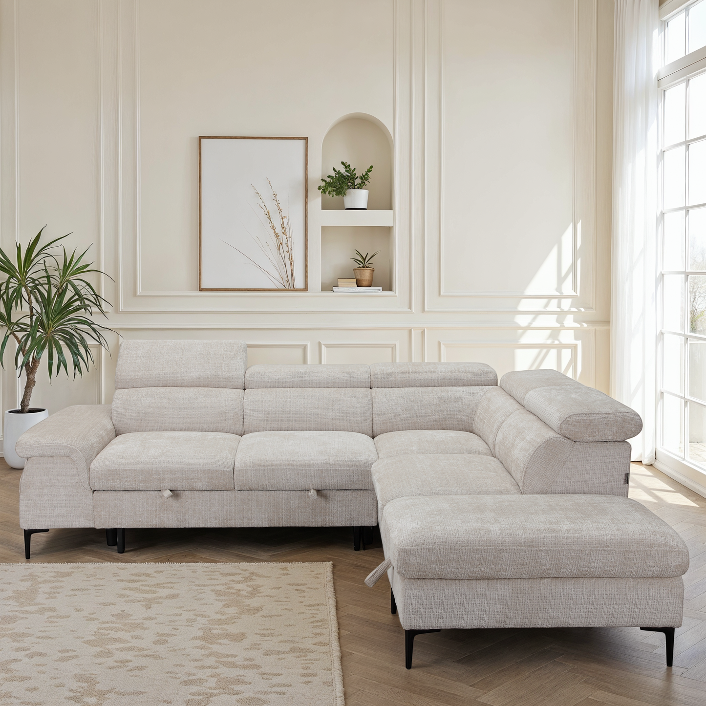 Canapé d'angle repose tête réglables convertible en tissu avec coffre rangement, 258x217xH79/99CM - PINTO