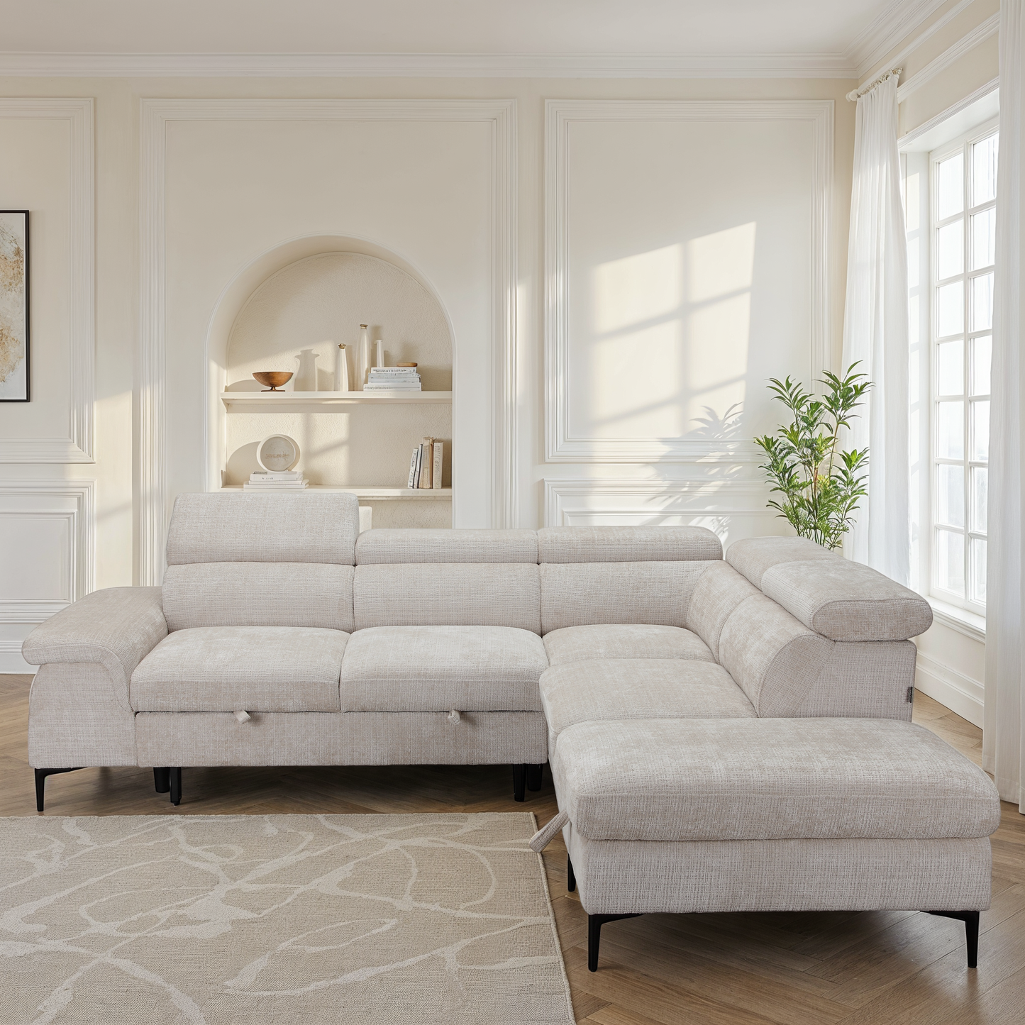 Canapé d'angle repose tête réglables convertible en tissu avec coffre rangement, 258x217xH79/99CM - PINTO