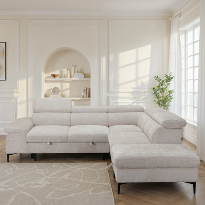 Canapé d'angle repose tête réglables convertible en tissu avec coffre rangement, 258x217xH79/99CM - PINTO