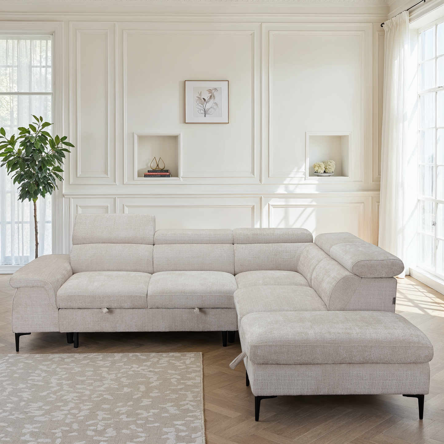 Canapé d'angle repose tête réglables convertible en tissu avec coffre rangement, 258x217xH79/99CM - PINTO