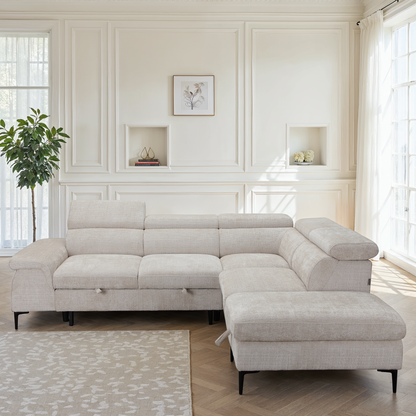 Canapé d'angle repose tête réglables convertible en tissu avec coffre rangement, 258x217xH79/99CM - PINTO