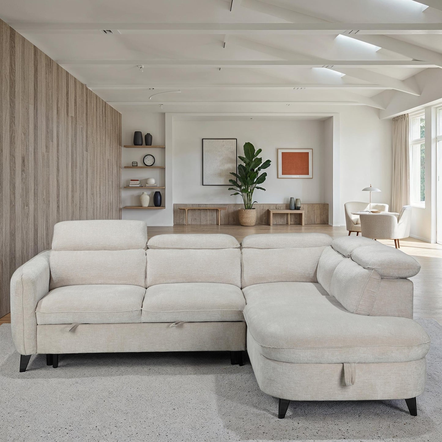 Canapé d'angle en tissu anti tache avec coffre, 249x211xH80CM - RUBY