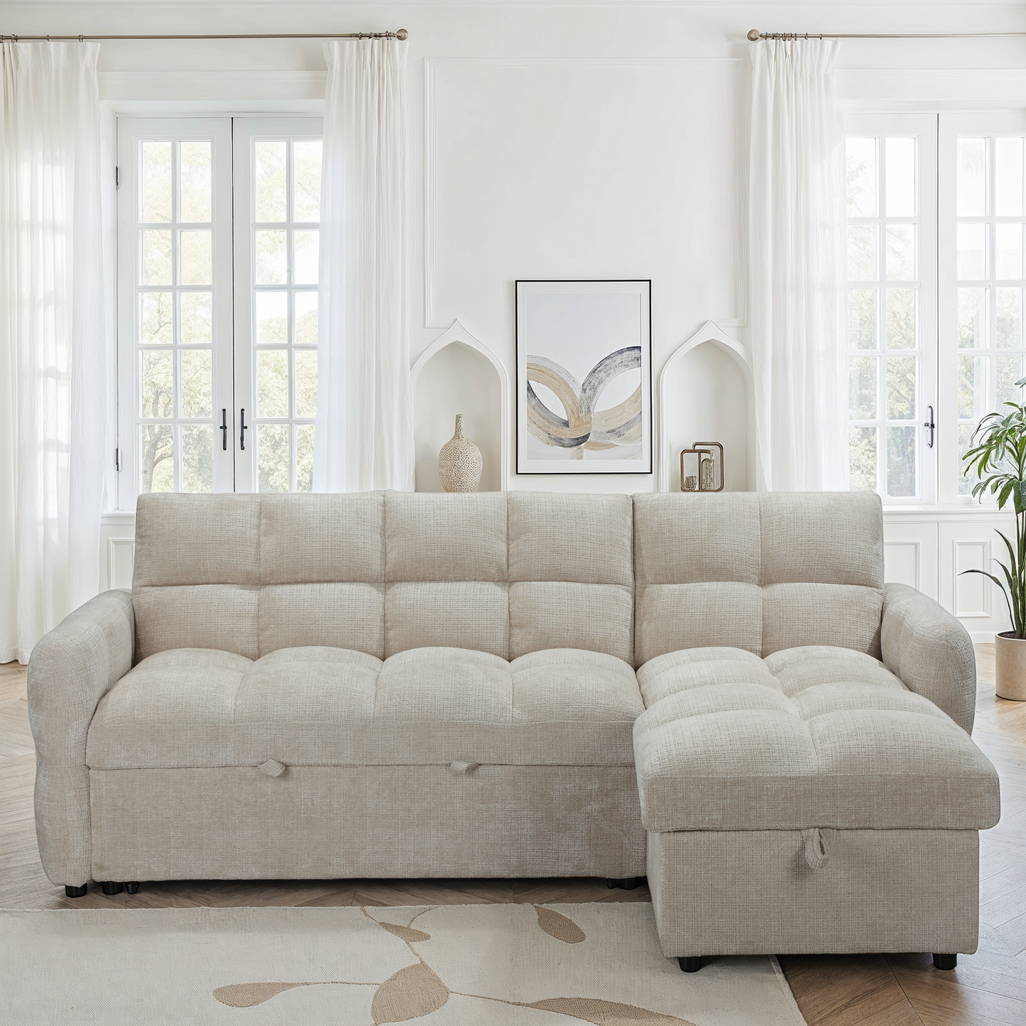 Canapé d'angle convertible en tissu anti tache, 227x144xH89CM - FLINT