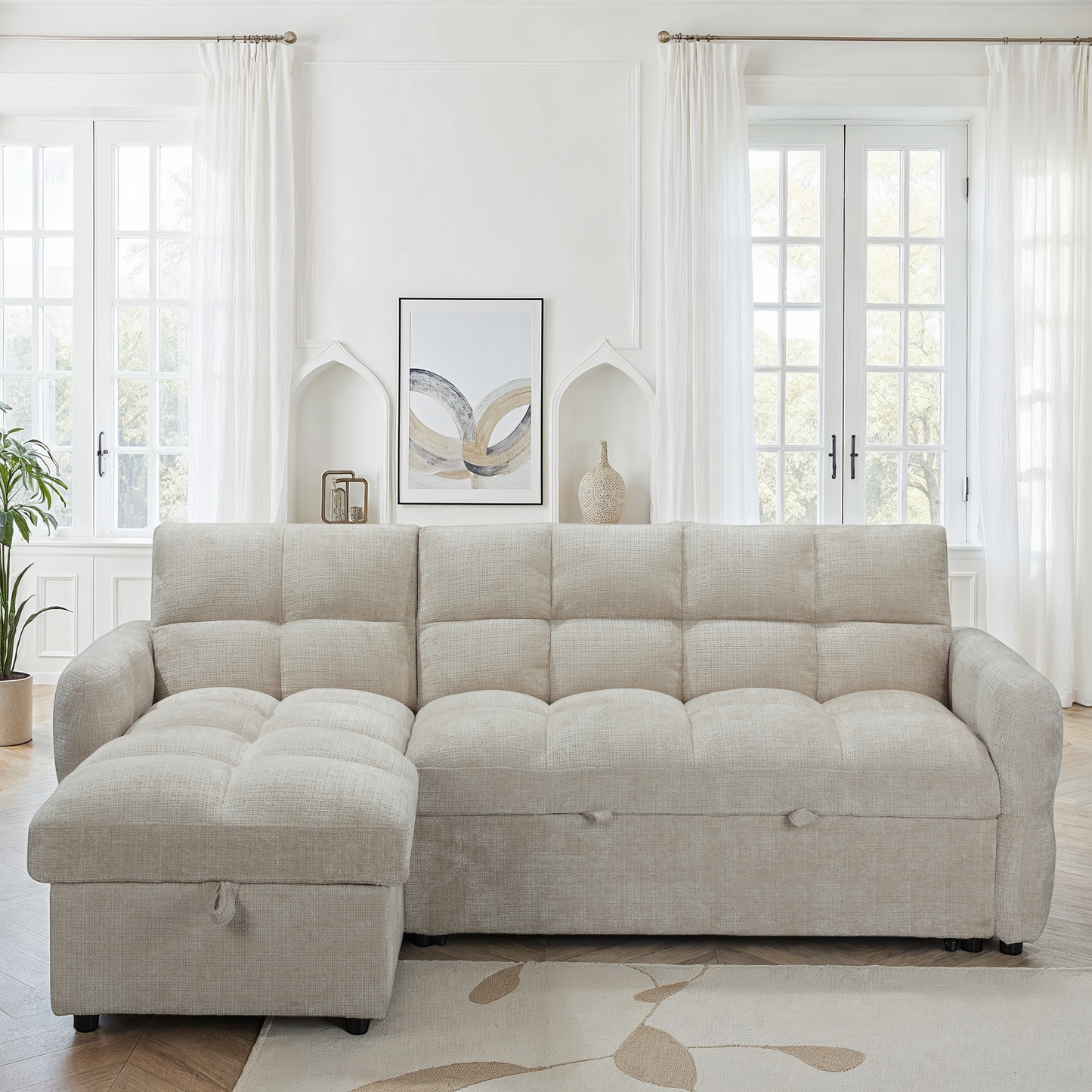 Canapé d'angle convertible en tissu anti tache, 227x144xH89CM - FLINT