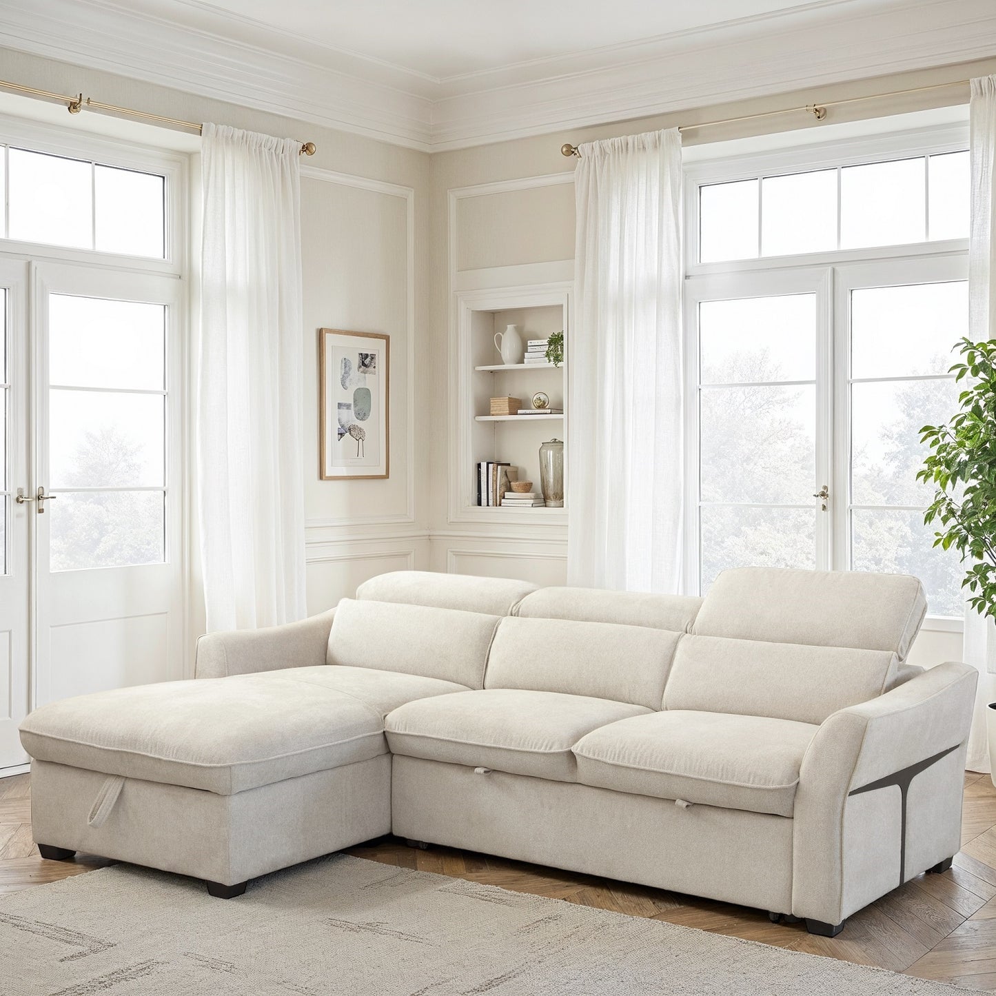 Canapé d'angle convertible en tissu avec coffre rangement, 246x173xH78/94CM - THALIA