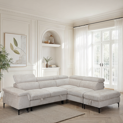 Canapé d'angle repose tête réglables convertible en tissu avec coffre rangement, 258x217xH79/99CM - PINTO