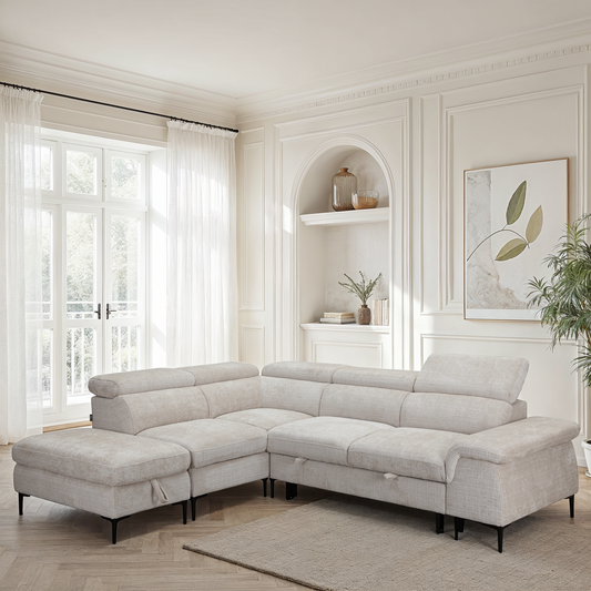 Canapé d'angle repose tête réglables convertible en tissu avec coffre rangement, 258x217xH79/99CM - PINTO