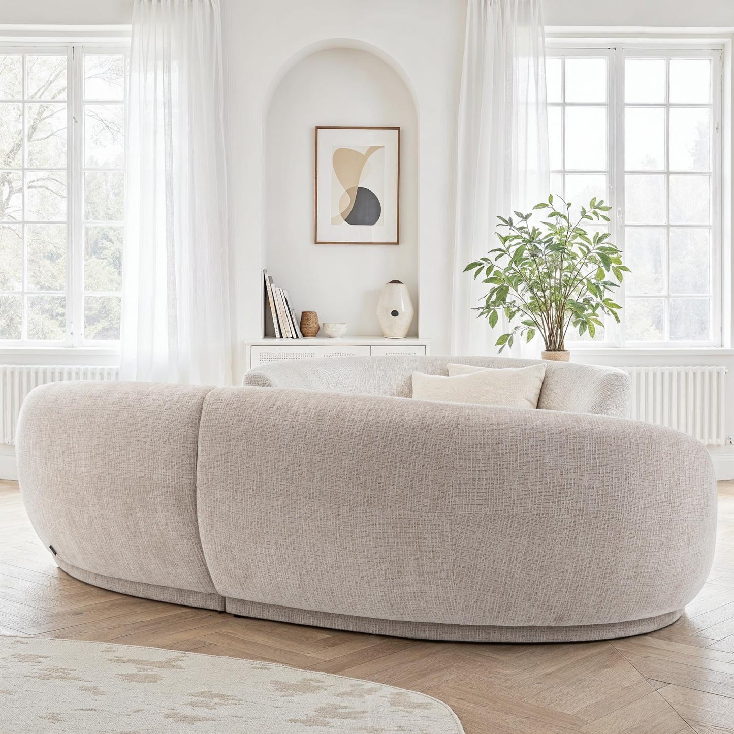 Canapé angle arrondi en tissu anti tache, 266x117xH73CM - JADE