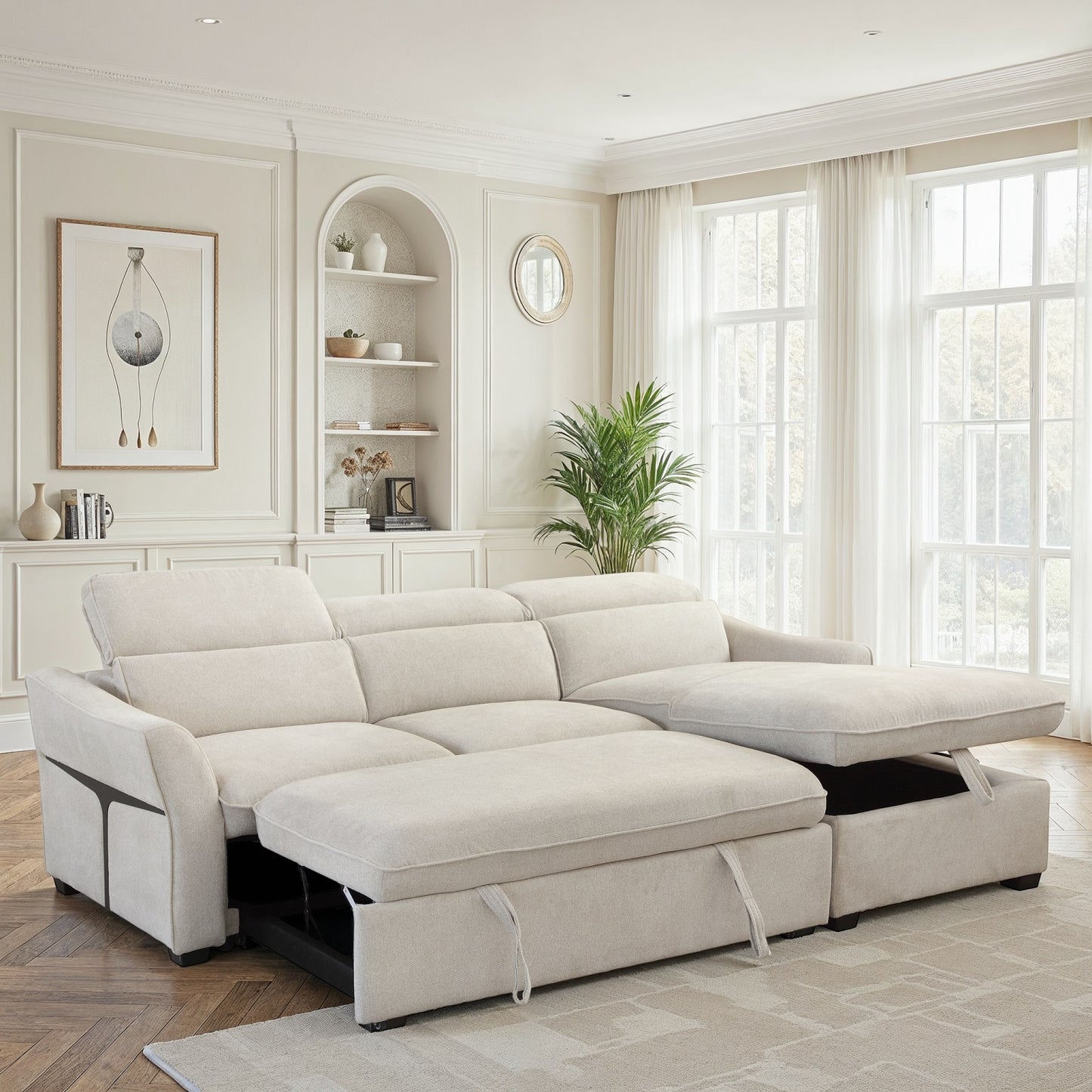 Canapé d'angle convertible en tissu avec coffre rangement, 246x173xH78/94CM - THALIA