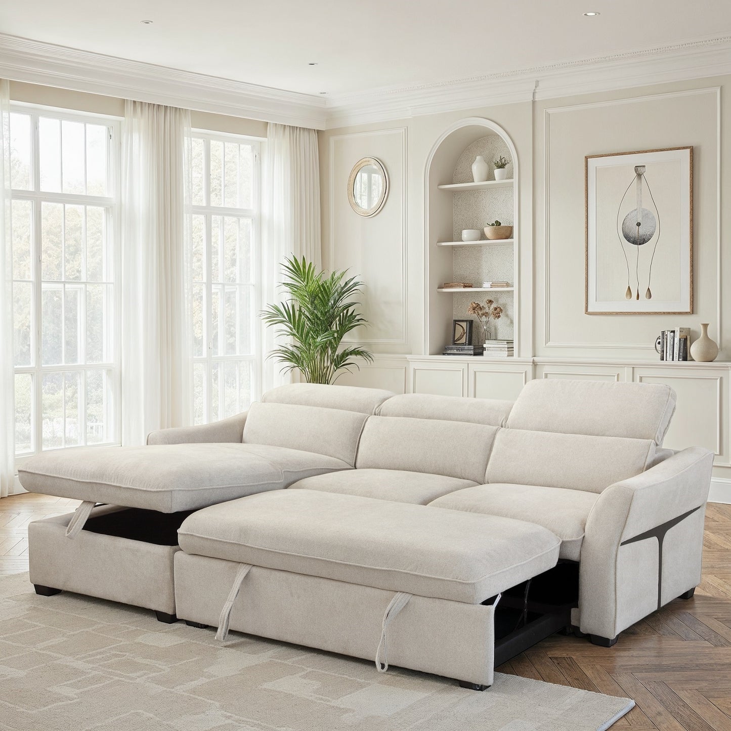 Canapé d'angle convertible en tissu avec coffre rangement, 246x173xH78/94CM - THALIA