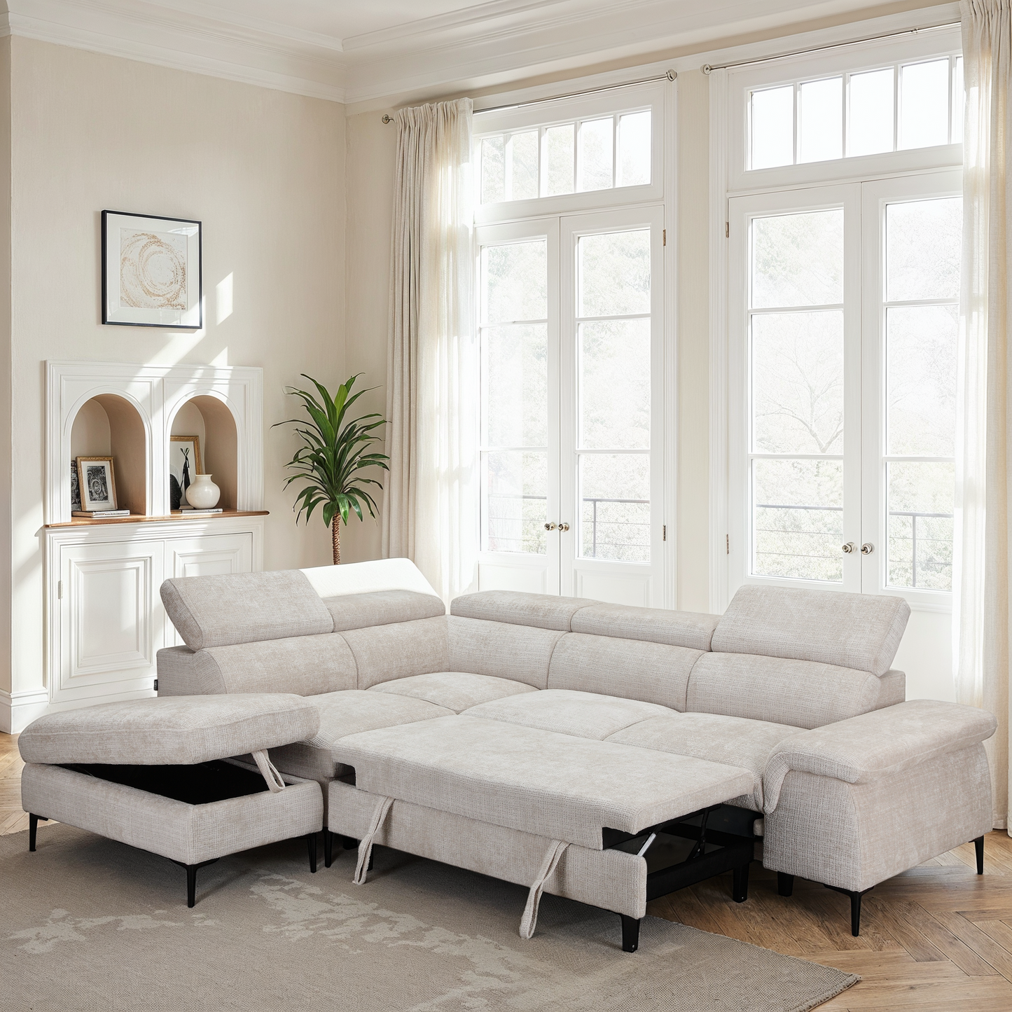 Canapé d'angle repose tête réglables convertible en tissu avec coffre rangement, 258x217xH79/99CM - PINTO