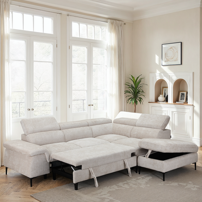 Canapé d'angle repose tête réglables convertible en tissu avec coffre rangement, 258x217xH79/99CM - PINTO