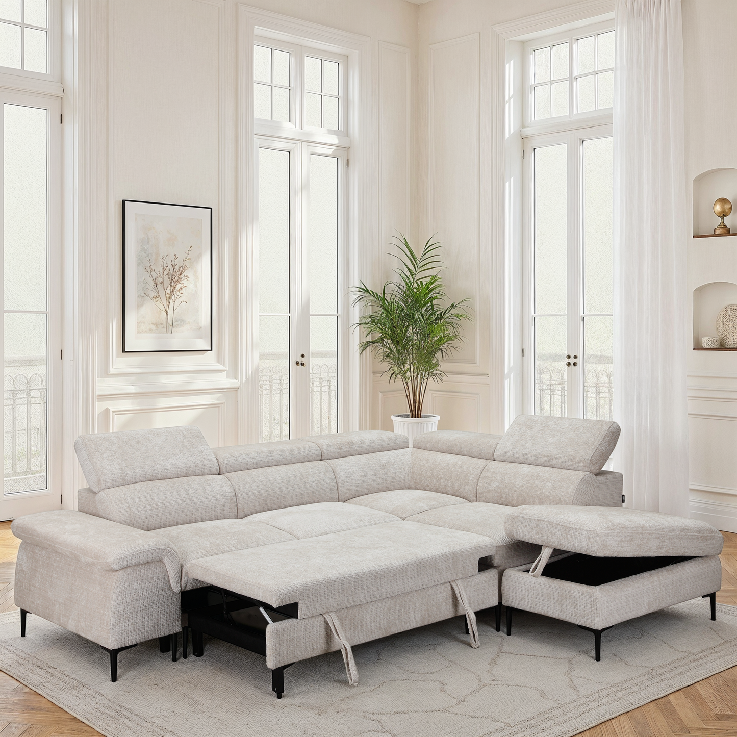 Canapé d'angle repose tête réglables convertible en tissu avec coffre rangement, 258x217xH79/99CM - PINTO