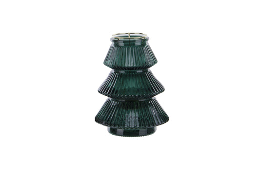 Bougeoir en verre en forme d'arbre de Noël avec photophore en métal argenté H16 cm