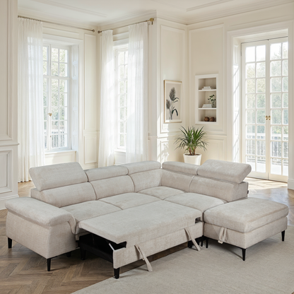 Canapé d'angle repose tête réglables convertible en tissu avec coffre rangement, 258x217xH79/99CM - PINTO