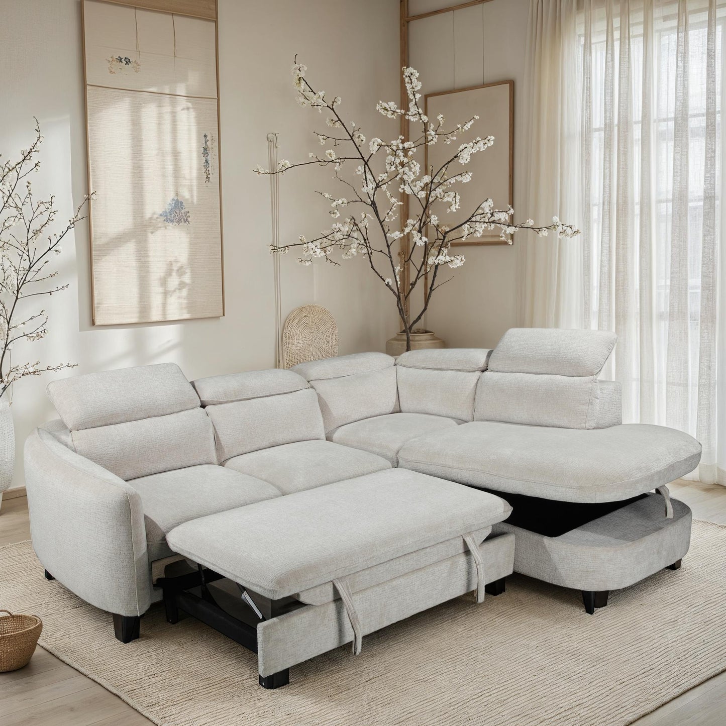 Canapé d'angle en tissu anti tache avec coffre, 249x211xH80CM - RUBY