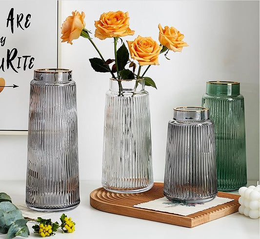 Vase en verre transparent avec bordure doré, D15xH28CM