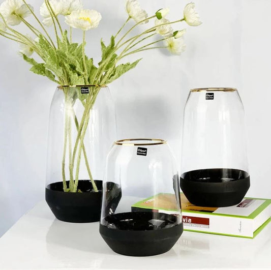 Vase en verre avec fond noir et bordure dorée, D9xH17CM
