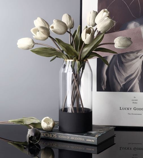 Vase en verre avec fond noir et bordure dorée, D9xH28CM