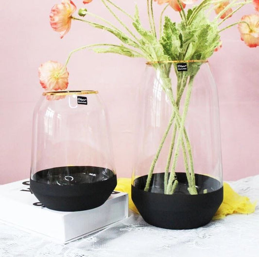 Vase en verre avec fond noir et bordure dorée, D11xH25CM