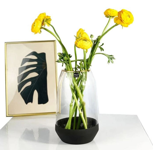 Vase en verre avec fond noir et bordure dorée, D10xH18,5CM