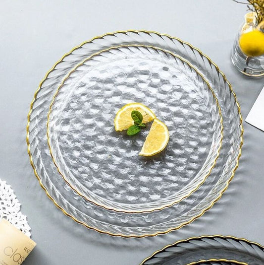 Assiette plate en verre contour dore, D27xH2CM