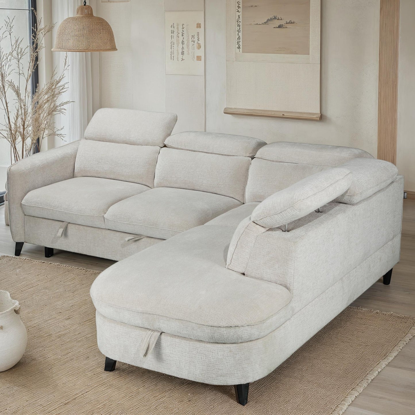 Canapé d'angle en tissu anti tache avec coffre, 249x211xH80CM - RUBY