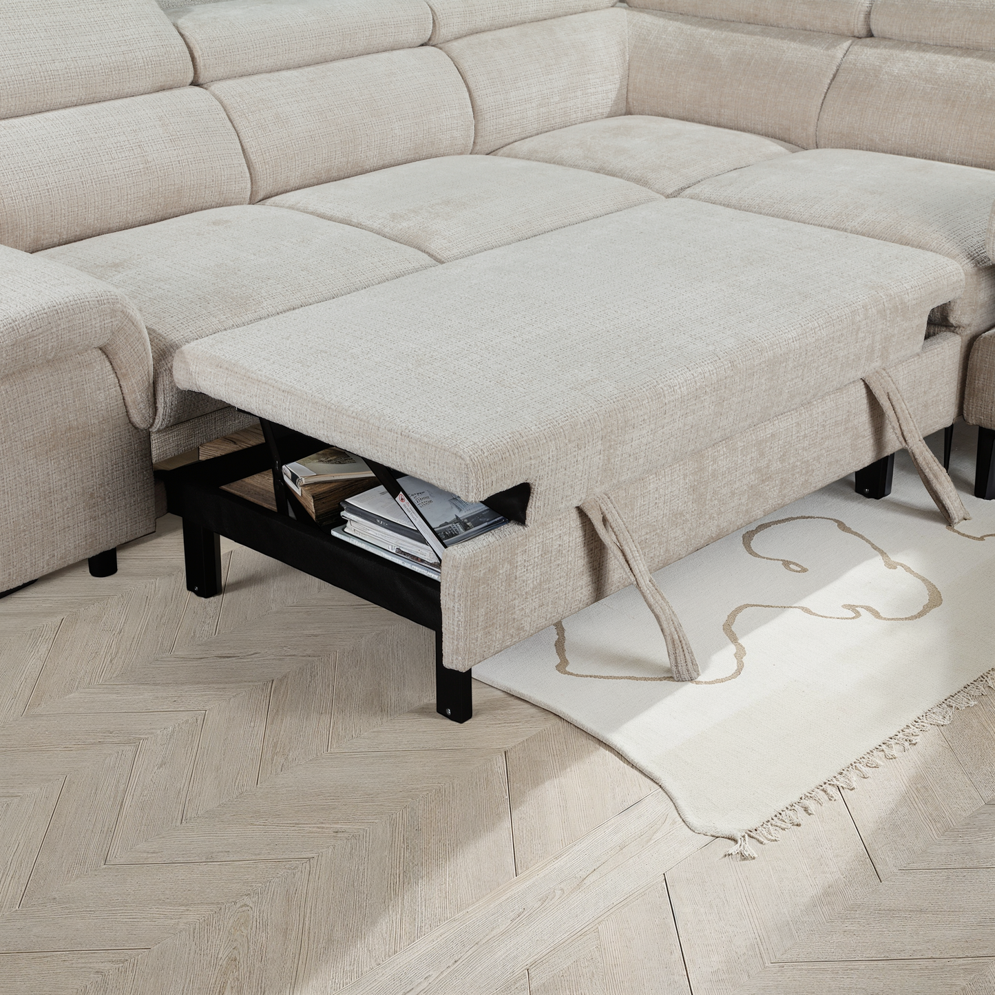 Canapé d'angle repose tête réglables convertible en tissu avec coffre rangement, 258x217xH79/99CM - PINTO