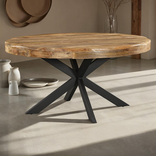 Table à manger rond avec plateau en bois ondulé, EP10CM, H76CM - ISIS