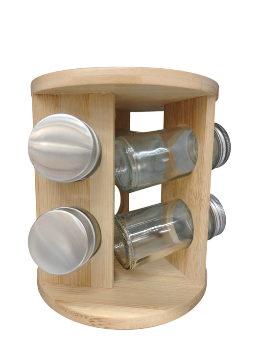 Ustensiles de cuisine, 6 bouteilles en verre avec récipient en bois, D15,5xH17,3CM