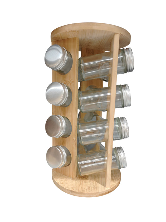 Ustensiles de cuisine, 12 bouteilles en verre avec récipient en bois, D15,5xH29,8CM