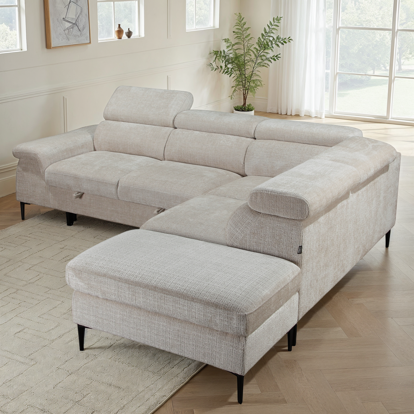 Canapé d'angle repose tête réglables convertible en tissu avec coffre rangement, 258x217xH79/99CM - PINTO