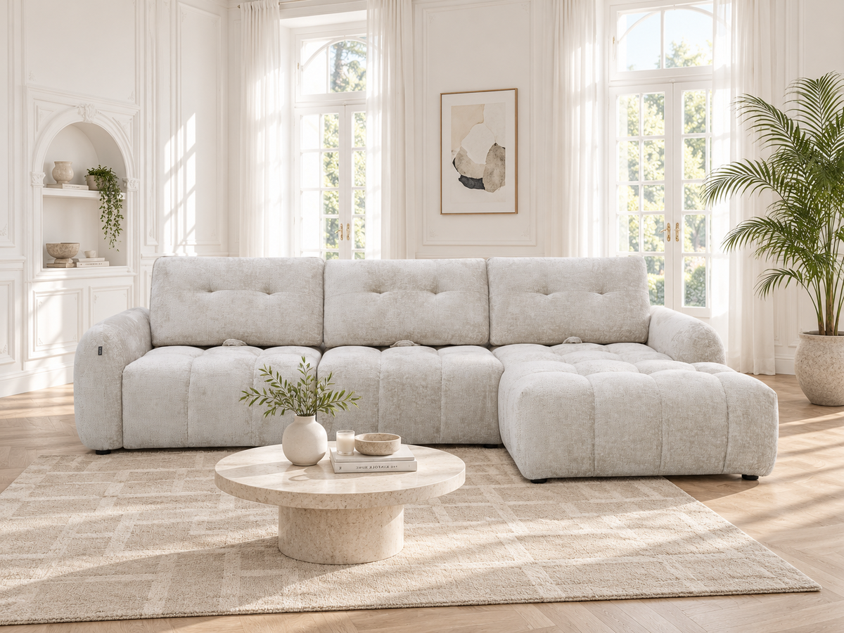 Canapé avec meridienne large avec dossier convertible tissu anti tâche, 265x209xH89CM - HAZEL