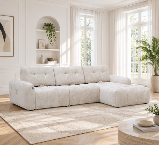 Canapé avec meridienne large avec dossier convertible tissu anti tâche, 265x209xH89CM - HAZEL