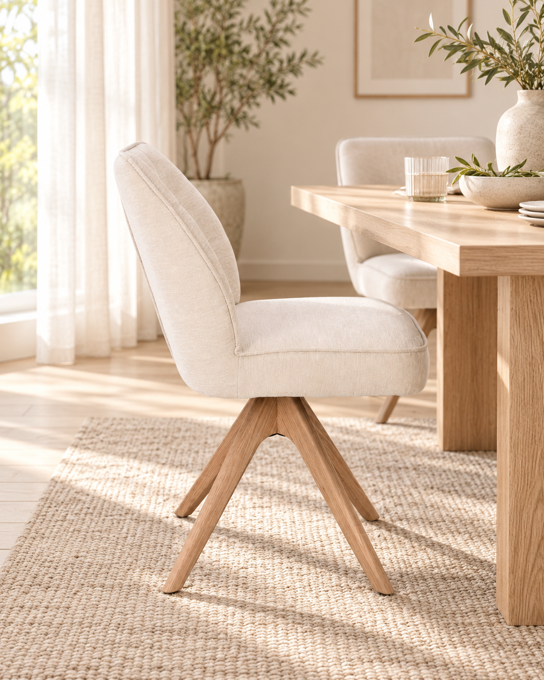 Chaise pivotante en tissu anti tache, 48x63,5xH83CM EMMA pieds en bois massif