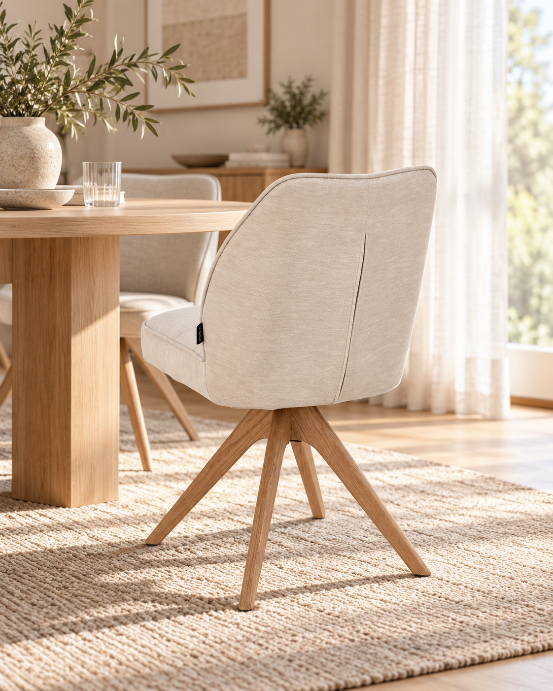 Chaise pivotante en tissu anti tache, 48x63,5xH83CM EMMA pieds en bois massif