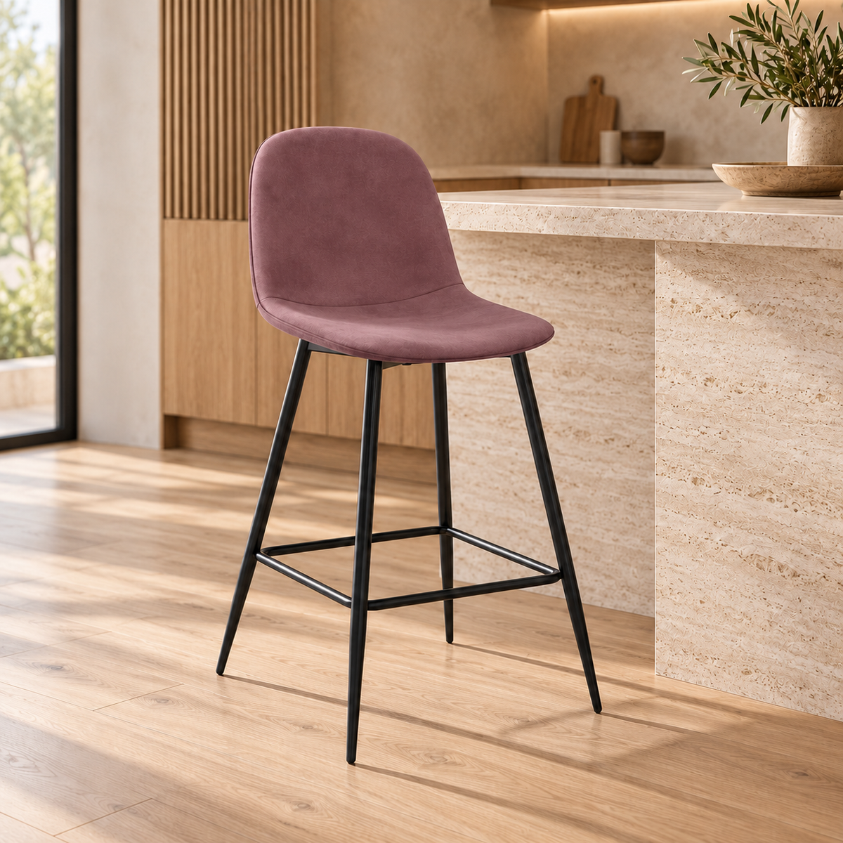 Tabouret de bar en velours pieds noirs, 41x51,5xH106 cm - KLARY