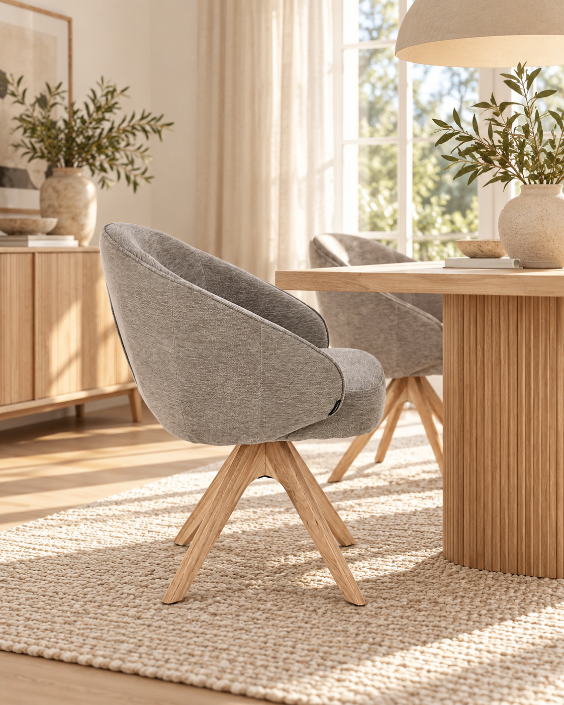 NORDIE Chaise pivotante en tissu anti tâche pieds bois massif, 60x62xH80CM