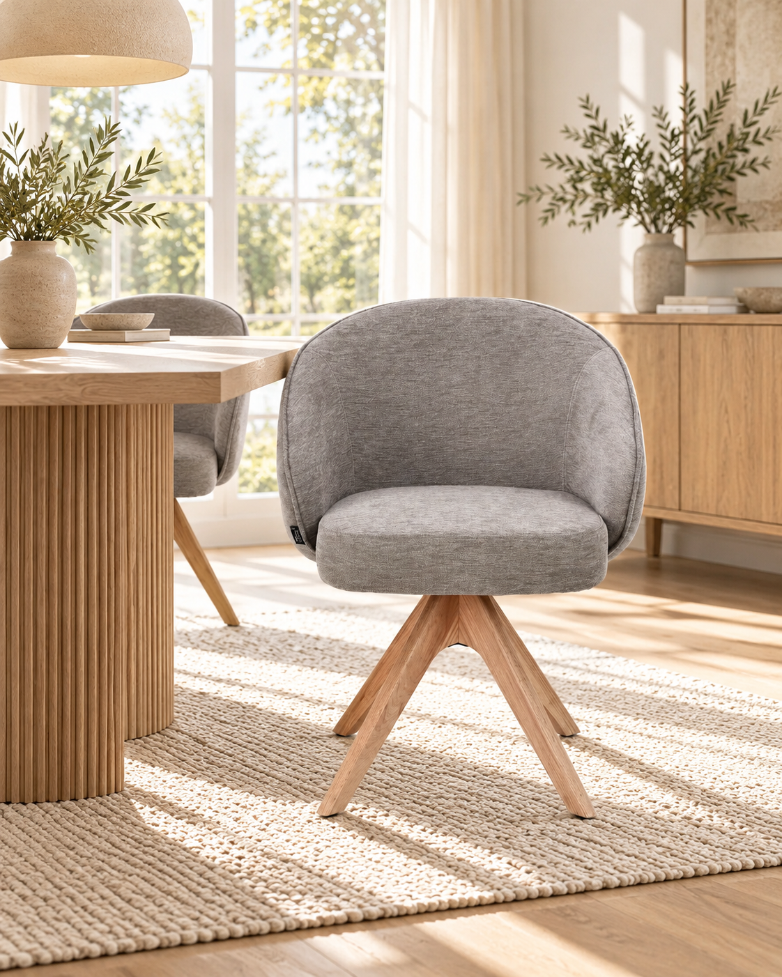NORDIE Chaise pivotante en tissu anti tâche pieds bois massif, 60x62xH80CM