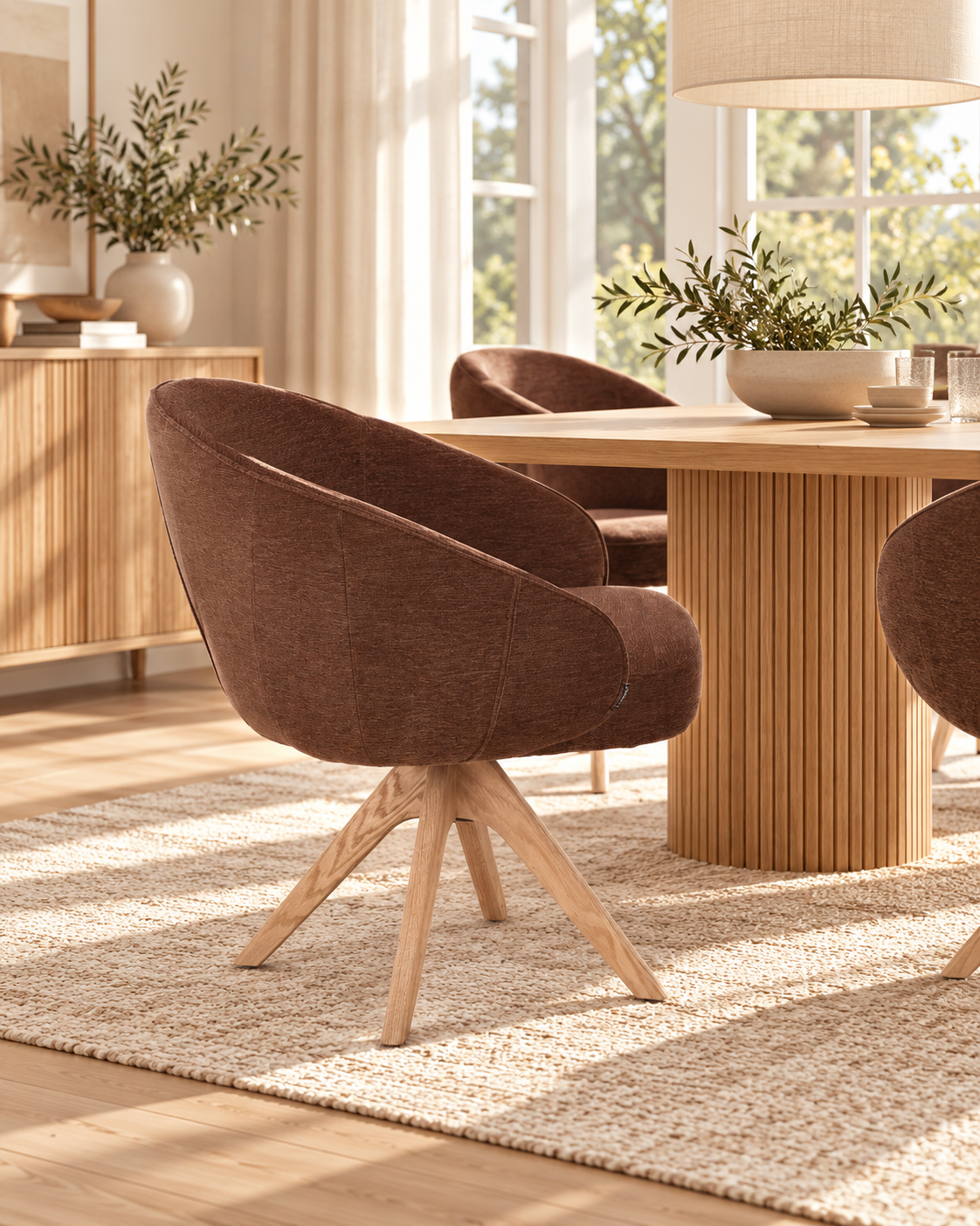 NORDIE Chaise pivotante en tissu anti tâche pieds bois massif, 60x62xH80CM
