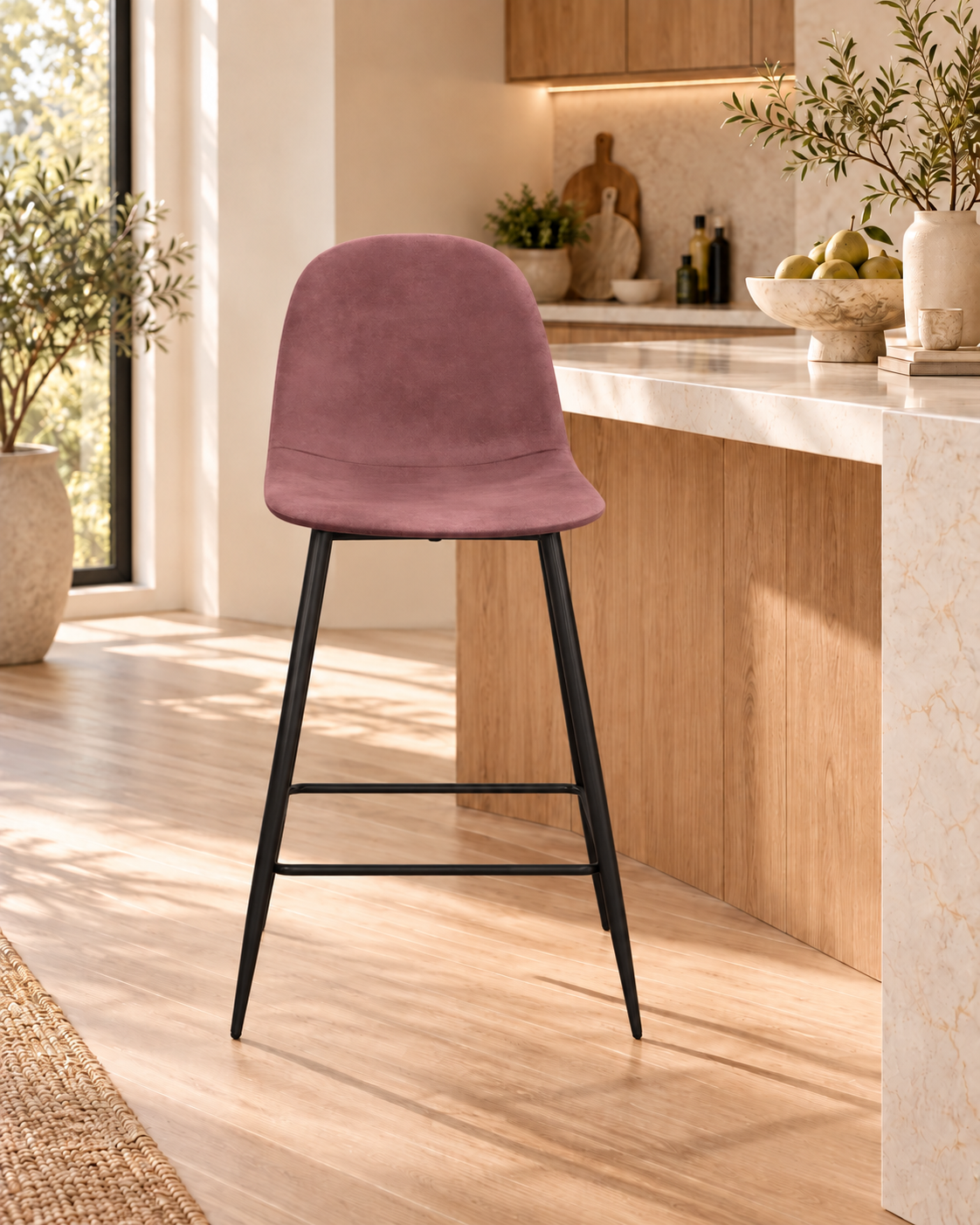 Tabouret de bar en velours pieds noirs, 41x51,5xH106 cm - KLARY