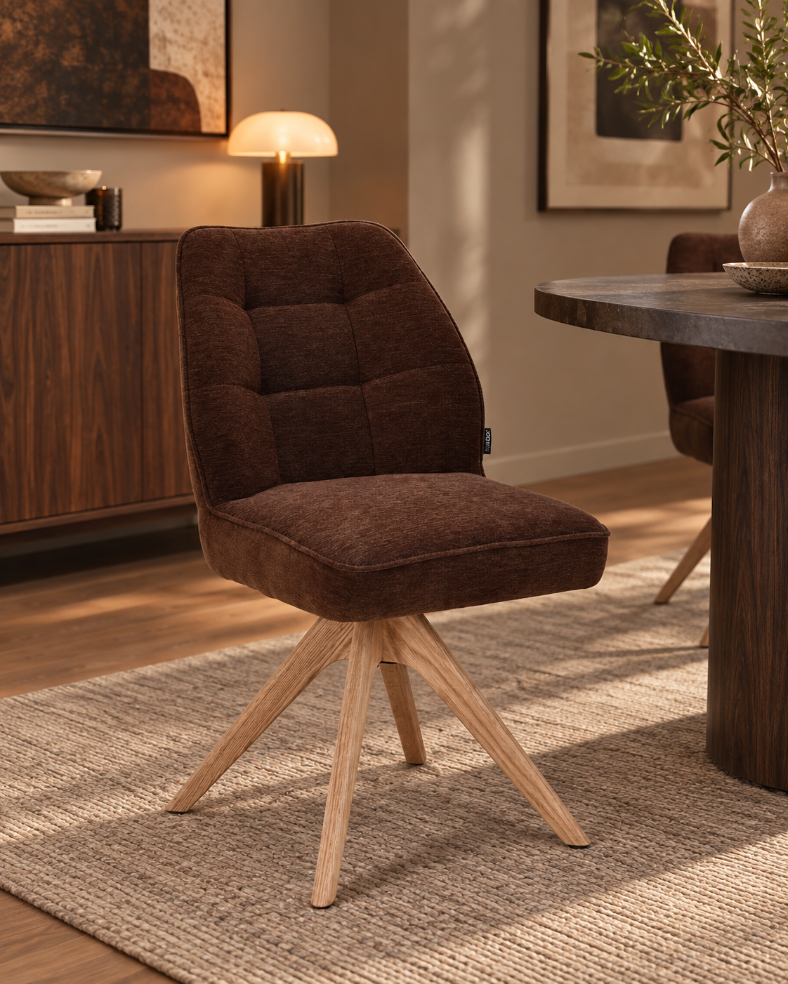 Chaise pivotante en tissu anti tache, 48x63,5xH83CM EMMA pieds en bois massif