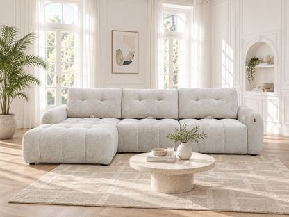 Canapé avec meridienne large avec dossier convertible tissu anti tâche, 265x209xH89CM - HAZEL