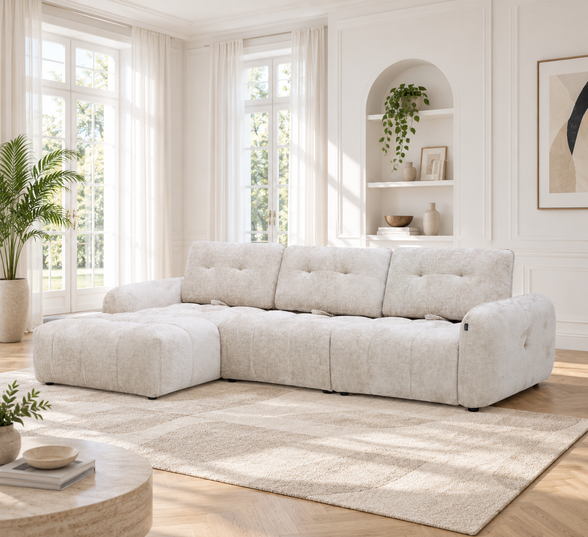Canapé avec meridienne large avec dossier convertible tissu anti tâche, 265x209xH89CM - HAZEL