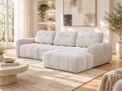 Canapé avec meridienne large avec dossier convertible tissu anti tâche, 265x209xH89CM - HAZEL